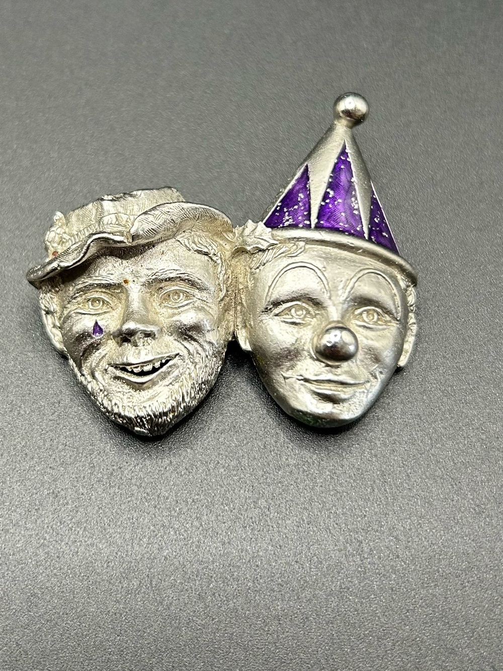 Dual Jester Clown Face Brooch in Silver with Purple Accents